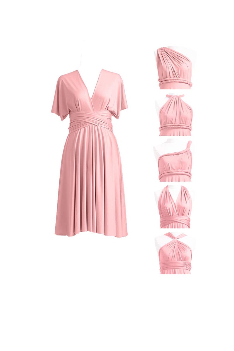72styles Short Infinity Dresses for Bridesmaids - Dusty Rose Convertible Dresses - Midi Transformer Multiway Twist Wrap Dress - Image 1